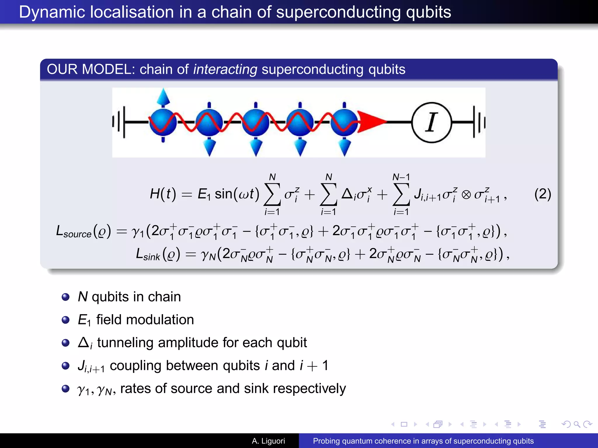 Dynamic localisation in a chain of superconducting qubits
OUR MODEL: chain of interacting superconducting qubits
H(t) = E1 sin(ωt)
N
i=1
σz
i +
N
i=1
∆iσx
i +
N−1
i=1
Ji,i+1σz
i ⊗ σz
i+1 , (2)
Lsource(̺) = γ1(2σ+
1
σ−
1 ̺σ+
1
σ−
1 − {σ+
1
σ−
1 , ̺} + 2σ−
1 σ+
1
̺σ−
1 σ+
1
− {σ−
1 σ+
1
, ̺}) ,
Lsink (̺) = γN(2σ−
N̺σ+
N
− {σ+
N
σ−
N, ̺} + 2σ+
N
̺σ−
N − {σ−
Nσ+
N
, ̺}) ,
N qubits in chain
E1 ﬁeld modulation
∆i tunneling amplitude for each qubit
Ji,i+1 coupling between qubits i and i + 1
γ1, γN, rates of source and sink respectively
A. Liguori Probing quantum coherence in arrays of superconducting qubits
 
