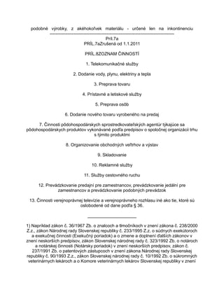 podobné výrobky, z akéhokoľvek materiálu - určené len na inkontinenciu
------------------------------------------------------------------------------------Príl.7a
PRÍL.7aZrušená od 1.1.2011
PRÍL.8ZOZNAM ČINNOSTÍ
1. Telekomunikačné služby
2. Dodanie vody, plynu, elektriny a tepla
3. Preprava tovaru
4. Prístavné a letiskové služby
5. Preprava osôb
6. Dodanie nového tovaru vyrobeného na predaj
7. Činnosti pôdohospodárskych sprostredkovateľských agentúr týkajúce sa
pôdohospodárskych produktov vykonávané podľa predpisov o spoločnej organizácii trhu
s týmito produktmi
8. Organizovanie obchodných veľtrhov a výstav
9. Skladovanie
10. Reklamné služby
11. Služby cestovného ruchu
12. Prevádzkovanie predajní pre zamestnancov, prevádzkovanie jedální pre
zamestnancov a prevádzkovanie podobných prevádzok
13. Činnosti verejnoprávnej televízie a verejnoprávneho rozhlasu iné ako tie, ktoré sú
oslobodené od dane podľa § 36.
____________________
1) Napríklad zákon č. 36/1967 Zb. o znalcoch a tlmočníkoch v znení zákona č. 238/2000
Z.z., zákon Národnej rady Slovenskej republiky č. 233/1995 Z.z. o súdnych exekútoroch
a exekučnej činnosti (Exekučný poriadok) a o zmene a doplnení ďalších zákonov v
znení neskorších predpisov, zákon Slovenskej národnej rady č. 323/1992 Zb. o notároch
a notárskej činnosti (Notársky poriadok) v znení neskorších predpisov, zákon č.
237/1991 Zb. o patentových zástupcoch v znení zákona Národnej rady Slovenskej
republiky č. 90/1993 Z.z., zákon Slovenskej národnej rady č. 10/1992 Zb. o súkromných
veterinárnych lekároch a o Komore veterinárnych lekárov Slovenskej republiky v znení

 