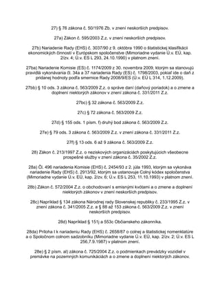 27) § 76 zákona č. 50/1976 Zb. v znení neskorších predpisov.
27a) Zákon č. 595/2003 Z.z. v znení neskorších predpisov.
27b) Nariadenie Rady (EHS) č. 3037/90 z 9. októbra 1990 o štatistickej klasifikácii
ekonomických činností v Európskom spoločenstve (Mimoriadne vydanie Ú.v. EÚ, kap.
2/zv. 4; Ú.v. ES L 293, 24.10.1990) v platnom znení.
27ba) Nariadenie Komisie (ES) č. 1174/2009 z 30. novembra 2009, ktorým sa stanovujú
pravidlá vykonávania čl. 34a a 37 nariadenia Rady (ES) č. 1798/2003, pokiaľ ide o daň z
pridanej hodnoty podľa smernice Rady 2008/9/ES (Ú.v. EÚ L 314, 1.12.2009).
27bb) § 10 ods. 3 zákona č. 563/2009 Z.z. o správe daní (daňový poriadok) a o zmene a
doplnení niektorých zákonov v znení zákona č. 331/2011 Z.z.
27bc) § 32 zákona č. 563/2009 Z.z.
27c) § 72 zákona č. 563/2009 Z.z.
27d) § 155 ods. 1 písm. f) druhý bod zákona č. 563/2009 Z.z.
27e) § 79 ods. 3 zákona č. 563/2009 Z.z. v znení zákona č. 331/2011 Z.z.
27f) § 13 ods. 6 až 9 zákona č. 563/2009 Z.z.
28) Zákon č. 213/1997 Z.z. o neziskových organizáciách poskytujúcich všeobecne
prospešné služby v znení zákona č. 35/2002 Z.z.
28a) Čl. 496 nariadenia Komisie (EHS) č. 2454/93 z 2. júla 1993, ktorým sa vykonáva
nariadenie Rady (EHS) č. 2913/92, ktorým sa ustanovuje Colný kódex spoločenstva
(Mimoriadne vydanie Ú.v. EÚ, kap. 2/zv. 6; Ú.v. ES L 253, 11.10.1993) v platnom znení.
28b) Zákon č. 572/2004 Z.z. o obchodovaní s emisnými kvótami a o zmene a doplnení
niektorých zákonov v znení neskorších predpisov.
28c) Napríklad § 134 zákona Národnej rady Slovenskej republiky č. 233/1995 Z.z. v
znení zákona č. 341/2005 Z.z. a § 88 až 153 zákona č. 563/2009 Z.z. v znení
neskorších predpisov.
28d) Napríklad § 151j a 553c Občianskeho zákonníka.
28da) Príloha I k nariadeniu Rady (EHS) č. 2658/87 o colnej a štatistickej nomenklatúre
a o Spoločnom colnom sadzobníku (Mimoriadne vydanie Ú.v. EÚ, kap. 2/zv. 2; Ú.v. ES L
256,7.9.1987) v platnom znení.
28e) § 2 písm. al) zákona č. 725/2004 Z.z. o podmienkach prevádzky vozidiel v
premávke na pozemných komunikáciách a o zmene a doplnení niektorých zákonov.

 