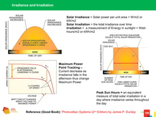 108
Irradiance and Irradiation
Solar Irradiance = Solar power per unit area = W/m2 or 
kW/m2
Solar Irradiation = the total irradiance over time
Irradiation =  a measurement of Energy in sunlight = Watt-
hours/m2 or kWh/m2
Peak Sun Hours = an equivalent 
measure of total solar irradiation in a 
day where irradiance varies throughout 
the day
Reference (Good Book): Photovoltaic Systems (2nd
 Edition) by James P. Dunlop
Maximum Power
Point Tracking –
Current decrease as 
Irradiance falls in the 
afternoon thus change 
Maximum Power
 