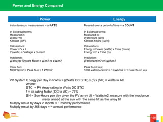 109
Power and Energy Compared
Power Energy
Instantaneous measurement – a RATE Metered over a period of time – a COUNT
In Electrical terms:
Measured in
Watts (W)
Kilowatt (kW)
In Electrical terms:
Measured in
Watt-hours (Wh)
Kilowatt-hours (kWh)
Calculations:
Power = V x I
P (watts) = Voltage x Current
Calculations:
Energy = Power (watts) x Time (hours)
Energy = P x Time (h)
Irradiance:
Watts per Square Meter = W/m2 or kW/m2
Irradiation:
Watt-hours/m2 or kWh/m2
Peak Sun:
1000 W/m2 = Peak Sun = 1 kW/m2
Peak Sun Hour:
1000 watt-hours/m2 = 1 kWh/m2 = 1 Peak Sun Hour
PV System Energy per Day in kWhs = [(Watts DC STC) x (f) x (SH) = watts in AC
where:
STC  = PV Array rating in Watts DC STC
f = de-rating factor (DC to AC) ~ 77%
SH = Sun-Hours per day given the PV array tilt = Watts/m2 measure with the irradiance 
meter aimed at the sun with the same tilt as the array tilt
Multiply result by days in month = ~ monthly performance
Multiply result by 365 days = ~ annual performance
 