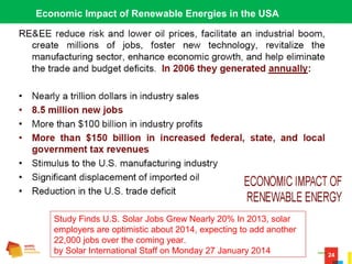 24
Economic Impact of Renewable Energies in the USA
Study Finds U.S. Solar Jobs Grew Nearly 20% In 2013, solar
employers are optimistic about 2014, expecting to add another
22,000 jobs over the coming year.
by Solar International Staff on Monday 27 January 2014
 