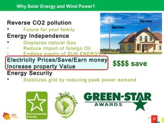 27
Why Solar Energy and Wind Power?
Reverse CO2 pollution
• Future for your family
Energy Independence
• Displaces natural Gas
• Reduce import of foreign Oil
• Endless supply of SUN ENERGY
Electricity Prices/Save/Earn money
Increase property Value
Energy Security
• Stabilizes grid by reducing peak power demand
$$$$ save
 
