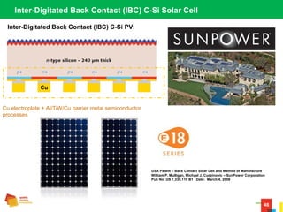 46
Inter-Digitated Back Contact (IBC) C-Si PV:
Inter-Digitated Back Contact (IBC) C-Si Solar Cell
Cu
USA Patent – Back Contact Solar Cell and Method of Manufacture
William P. Mulligan, Michael J. Cudzinovic – SunPower Corporation
Pub No: US 7,339,110 B1 Date: March 4, 2008
Cu electroplate + Al/TiW/Cu barrier metal semiconductor
processes
 