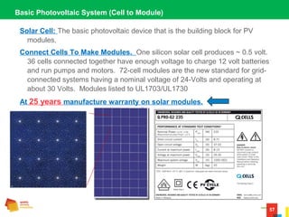 57
Basic Photovoltaic System (Cell to Module)
Solar Cell: The basic photovoltaic device that is the building block for PV
modules.
Connect Cells To Make Modules. One silicon solar cell produces ~ 0.5 volt.
36 cells connected together have enough voltage to charge 12 volt batteries
and run pumps and motors. 72-cell modules are the new standard for grid-
connected systems having a nominal voltage of 24-Volts and operating at
about 30 Volts. Modules listed to UL1703/UL1730
At 25 years manufacture warranty on solar modules.
 