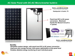 60
AC Solar Panel with DC-AC Micro-Inverter build-in
Panel level DC to AC power
conversion. Maximum
Panels Per Branch Circuit is
17 panels
Benefits:
•Simplifies system design, with panel level DC to AC power conversion
•Improves your energy harvest, with power optimization at the panel level
•Enables detailed energy monitoring of each individual panel
Headquarter in Austin, TX
 