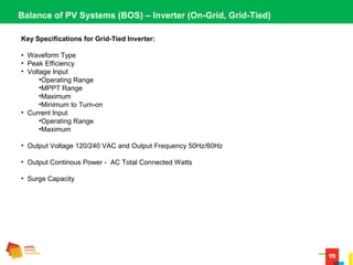 99
Balance of PV Systems (BOS) – Inverter (On-Grid, Grid-Tied)
Key Specifications for Grid-Tied Inverter:
•  Waveform Type
•  Peak Efficiency
•  Voltage Input
•Operating Range
•MPPT Range
•Maximum
•Minimum to Turn-on 
•  Current Input
•Operating Range
•Maximum
•  Output Voltage 120/240 VAC and Output Frequency 50Hz/60Hz
•  Output Continous Power -  AC Total Connected Watts
•  Surge Capacity 
 