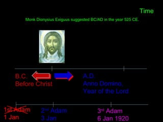 B.C.
Before Christ
A.D.
Anno Domino,
Year of the Lord
3rd
Adam
6 Jan 1920
2nd
Adam
3 Jan
1st Adam
1 Jan
Time
Monk Dionysius Exiguus suggested BC/AD in the year 525 CE.
 