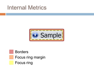 Internal Metrics




   Borders
   Focus ring margin
   Focus ring
 