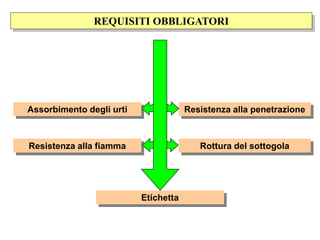 Resistenza alla penetrazione
Assorbimento degli urti
Rottura del sottogola
Resistenza alla fiamma
Etichetta
REQUISITI OBBLIGATORI
 