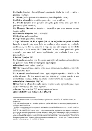6.1. Sujeito (passivo – formal (Estado) ou material (titular do bem) – e ativo –
pratica a conduta);
6.2. Núcleo (verbo que descreve a conduta proibida pela lei penal);
6.3. Objeto Material (bem jurídico perceptível pelos sentidos);
6.4. Objeto Jurídico (bem jurídico protegido pela norma mas que não é
perceptível pelos sentidos);
6.5. Elemento Normativo (criados e traduzidos por uma norma; requer
interpretação);
6.6. Elemento Subjetivo (dolo – vontade);
6.7. Genérico (dolo ou culpa);
6.8. Específico (previsto na norma);
7. Tipo Doloso (art. 18, I)7, Culposo (art. 18, II)8 e Qualificado pelo Resultado
(quando o agente atua com dolo na conduta e dolo quanto ao resultado
qualificador, ou dolo na conduta e culpa no que diz respeito ao resultado
qualificador – todo crime PRETERDOLOSO é um crime qualificado pelo
resultado, mas nem todo crime qualificado pelo resultado é um crime
preterdoloso).
8. Erro de Tipo (art. 20)9
8.1. Essencial: quando o erro do agente recai sobre elementares, circunstâncias
ou qualquer outro dado que agregue à figura típica.
a) Inevitável: afasta o dolo e a culpa.
b) Evitável: permite que o agente seja punido por um crime culposo, se previsto
em lei; afasta o dolo.
8.2. Acidental: não afasta o dolo ou a culpa; o agente age com a consciência da
antijuridicidade do seu comportamento, apenas se engana quanto a um
elemento não essencial do fato ou erra no seu movimento de execução.
a) Erro Sobre a Pessoa (art. 20,§3º)10
b) Erro Sobre o Objeto (exemplo: agente rouba pulseira pensando ser de ouro
quando na verdade trata-se de bijuteria).
c) Erro na Execução (art. 73)11 – atingir pessoa diversa.
d) Resultado Diverso do Pretendido (Art. 74)12
7 Art. 18. Diz-se o crime: I – doloso, quando o agente quis o resultado ou assumiu o risco de
produzi-lo.
8 Art. 18. Diz-se o crime: II – culposo, quando o agente deu causa ao resultado por imprudência,
negligencia ou imperícia.
9 Art. 20. O erro sobre elemento constitutivodo tipolegal de crime exclui o dolo, mas permite a punição por crime
culposo, se previsto em lei.
10 Art. 20, §3º - O erro quanto à pessoa contra a qualo crime é praticado não isenta de pena. Não se consideram,
neste caso, as condiçõesou qualidadesda vítima, senão as da pessoa contra quemo agente queria praticar o crime.
11 Art. 73. Quando, por acidente ouerro nousodos meios de execução, o agente, aoinvés de atingir a pessoa que
pretendia ofender, atinge pessoa diversa, responde comose tivesse praticadoo crime contra aquela, atendendo-se
ao dispostono § 3º do art. 20 deste Código. No caso de ser tambématingida a pessoa que o agente pretendia
ofender, aplica-se a regra do art. 70 deste Código
 