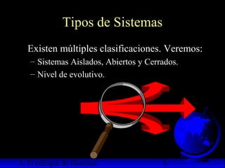 2. El enfoque de Sistemas 6
Tipos de Sistemas
Existen múltiples clasificaciones. Veremos:
– Sistemas Aislados, Abiertos y Cerrados.
– Nivel de evolutivo.
 