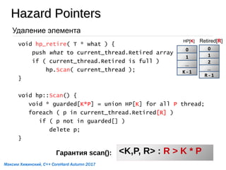 Удаление элемента
void hp_retire( T * what ) {
push what to current_thread.Retired array
if ( current_thread.Retired is full )
hp.Scan( current_thread );
}
void hp::Scan() {
void * guarded[K*P] = union HP[K] for all P thread;
foreach ( p in current_thread.Retired[R] )
if ( p not in guarded[] )
delete p;
}
<K,P, R> : R > K * P
0
1
2
…
R - 1
Retired[R]
0
1
…
K - 1
HP[K]
Гарантия scan():
Hazard PointersHazard Pointers
Максим Хижинский, C++ CoreHard Autumn 2017
 