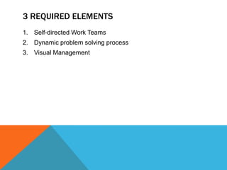 3 REQUIRED ELEMENTS
1. Self-directed Work Teams
2. Dynamic problem solving process
3. Visual Management