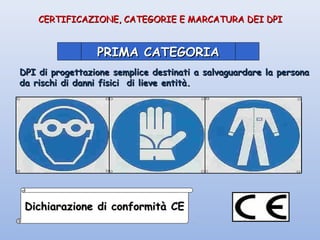 CERTIFICAZIONE, CATEGORIE E MARCATURA DEI DPICERTIFICAZIONE, CATEGORIE E MARCATURA DEI DPI
PRIMA CATEGORIAPRIMA CATEGORIA
DPI di progettazione semplice destinati a salvaguardare la personaDPI di progettazione semplice destinati a salvaguardare la persona
da rischi di danni fisici di lieve entità.da rischi di danni fisici di lieve entità.
Dichiarazione di conformità CEDichiarazione di conformità CE
 