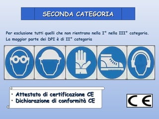 SECONDA CATEGORIASECONDA CATEGORIA
• Attestato di certificazione CEAttestato di certificazione CE
• Dichiarazione di conformità CEDichiarazione di conformità CE
Per esclusione tutti quelli che non rientrano nella I° nella III° categoria.
La maggior parte dei DPI è di II° categoria
 