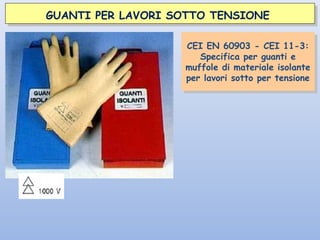 GUANTI PER LAVORI SOTTO TENSIONEGUANTI PER LAVORI SOTTO TENSIONE
CEI EN 60903 - CEI 11-3:
Specifica per guanti e
muffole di materiale isolante
per lavori sotto per tensione
CEI EN 60903 - CEI 11-3:
Specifica per guanti e
muffole di materiale isolante
per lavori sotto per tensione
 