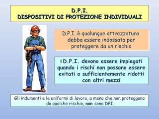 Gli indumenti e le uniformi di lavoro, a meno che non proteggano
da qualche rischio, non sono DPI
D.P.I. è qualunque attrezzatura
debba essere indossata per
proteggere da un rischio
D.P.I. è qualunque attrezzatura
debba essere indossata per
proteggere da un rischio
I D.P.I. devono essere impiegati
quando i rischi non possono essere
evitati o sufficientemente ridotti
con altri mezzi
D.P.I.D.P.I.
DISPOSITIVI DI PROTEZIONE INDIVIDUALIDISPOSITIVI DI PROTEZIONE INDIVIDUALI
D.P.I.D.P.I.
DISPOSITIVI DI PROTEZIONE INDIVIDUALIDISPOSITIVI DI PROTEZIONE INDIVIDUALI
 