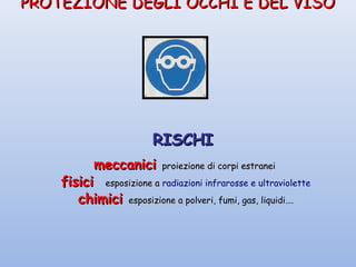 PROTEZIONE DEGLI OCCHI E DEL VISOPROTEZIONE DEGLI OCCHI E DEL VISO
RISCHIRISCHI
meccanicimeccanici proiezione di corpi estraneiproiezione di corpi estranei
fisicifisici esposizione aesposizione a radiazioni infrarosse e ultraviolette
chimicichimici esposizione aesposizione a polveri, fumi, gas, liquidi….
 