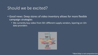 Should we be excited?
• Good news: Deep stores of video inventory allows for more flexible
campaign strategies
• We currently buy video from 50+ different supply vendors, layering on 10+
data providers
*Word Map is not comprehensive
 