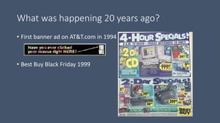 What was happening 20 years ago?
• First banner ad on AT&T.com in 1994
• Best Buy Black Friday 1999
 