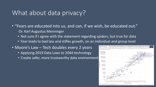 What about data privacy?
• “Fears are educated into us, and can, if we wish, be educated out.”
-Dr. Karl Augustus Menninger
• Not sure if I agree with the statement regarding spiders, but true for data
• Fear leads to bad law and stifles growth, on an individual and group level
• Moore’s Law – Tech doubles every 2 years
• Applying 2019 Data Laws to 2044 technology
• Create safer, more trustworthy data environment
 