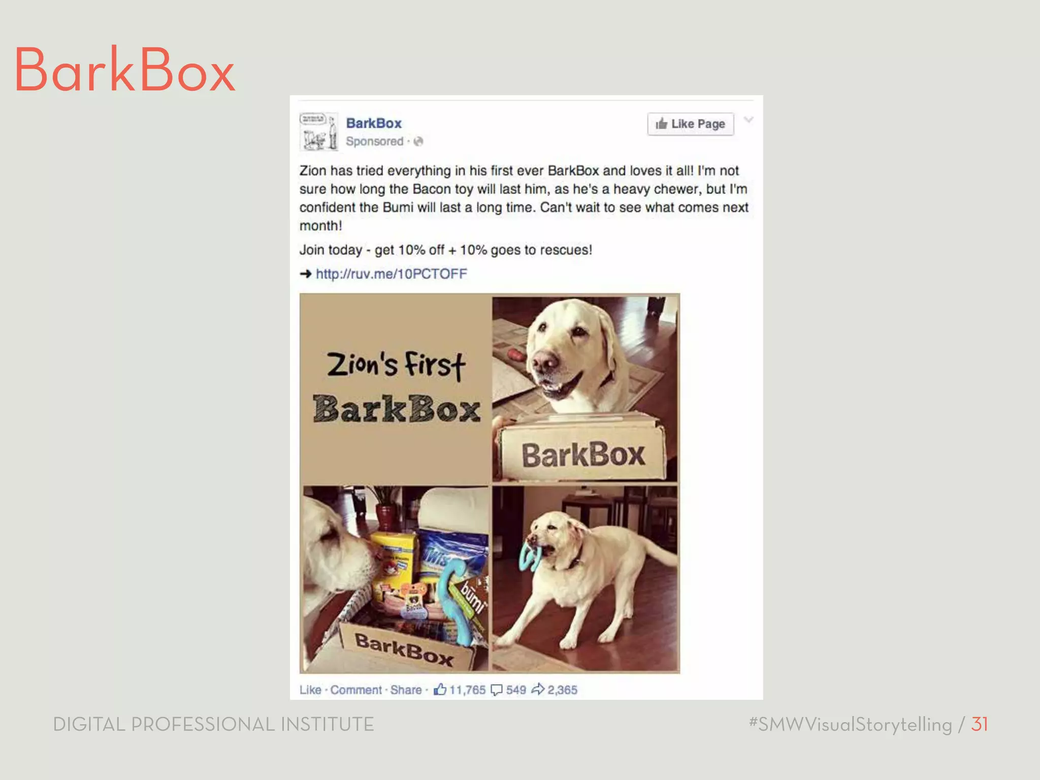 BarkBox 
DIGITAL PROFESSIONAL INSTITUTE #SMWVisualStorytelling / 31 
 