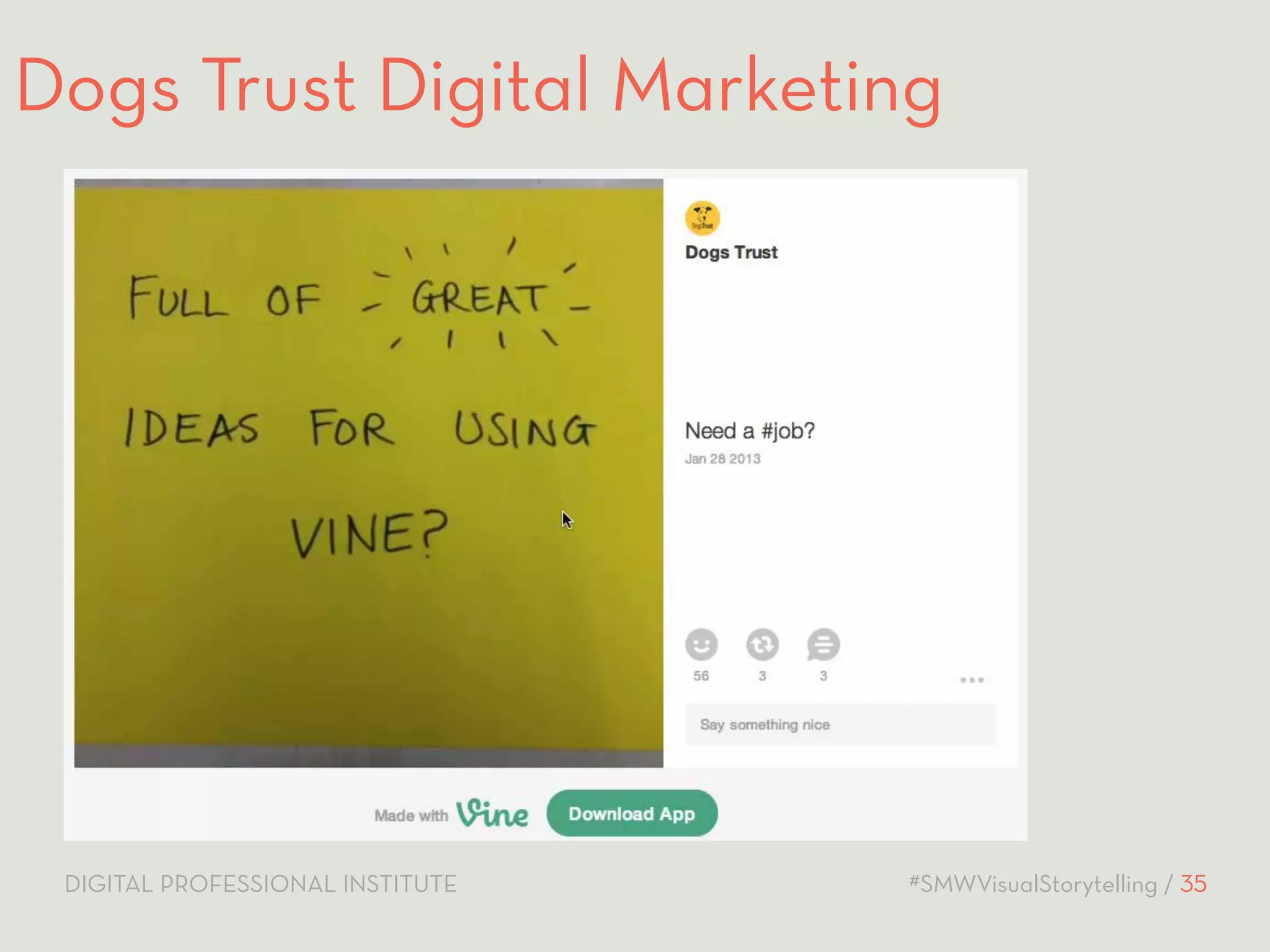 Dogs Trust Digital Marketing 
DIGITAL PROFESSIONAL INSTITUTE #SMWVisualStorytelling / 35 
 
