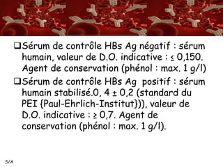 S/A 
Sérum de contrôle HBs Ag négatif : sérum 
humain, valeur de D.O. indicative : ≤ 0,150. 
Agent de conservation (phénol : max. 1 g/l) 
Sérum de contrôle HBs Ag positif : sérum 
humain stabilisé.0, 4 ± 0,2 (standard du 
PEI {Paul-Ehrlich-Institut})), valeur de 
D.O. indicative : ≥ 0,7. Agent de 
conservation (phénol : max. 1 g/l). 
 