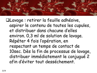 S/A 
Lavage : retirer la feuille adhésive, 
aspirer le contenu de toutes les cupules, 
et distribuer dans chacune d’elles 
environ. 0,3 ml de solution de lavage. 
Répéter 4 fois l’opération, en 
respectant un temps de contact de 
10sec. Dès la fin de processus de lavage, 
distribuer immédiatement le conjugué 2 
afin d’éviter tout desséchement. 
 