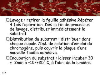 S/A 
Lavage : retirer la feuille adhésive,Répéter 
4 fois l’opération. Dès la fin de processus 
de lavage, distribuer immédiatement le 
substrat. 
Distribution du substrat : distribuer dans 
chaque cupule 75μL de solution d’emploi du 
chromogène, puis couvrir la plaque d’une 
nouvelle feuille adhésive. 
Incubation du substrat : laisser incuber 30 
± 2min à +15/+25° C, à l’abri de la lumière. 
 
