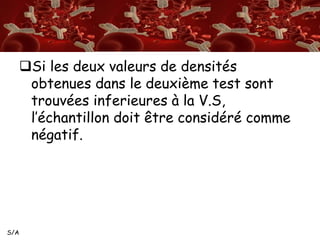 S/A 
Si les deux valeurs de densités 
obtenues dans le deuxième test sont 
trouvées inferieures à la V.S, 
l’échantillon doit être considéré comme 
négatif. 
 