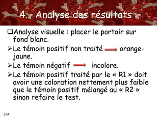 S/A 
4. Analyse des résultats : 
Analyse visuelle : placer le portoir sur 
fond blanc. 
Le témoin positif non traité orange-jaune. 
Le témoin négatif incolore. 
Le témoin positif traité par le « R1 » doit 
avoir une coloration nettement plus faible 
que le témoin positif mélangé au « R2 » 
sinon refaire le test. 
 