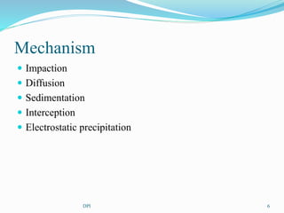 Mechanism
Impaction
Diffusion
Sedimentation
Interception
Electrostatic precipitation
6DPI