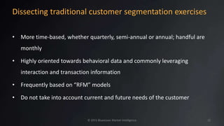 Dissecting traditional customer segmentation exercises
• More time-based, whether quarterly, semi-annual or annual; handful are
monthly
• Highly oriented towards behavioral data and commonly leveraging
interaction and transaction information
• Frequently based on “RFM” models
• Do not take into account current and future needs of the customer
© 2015 Blueocean Market Intelligence 12
 