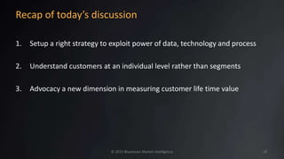 Recap of today’s discussion
1. Setup a right strategy to exploit power of data, technology and process
2. Understand customers at an individual level rather than segments
3. Advocacy a new dimension in measuring customer life time value
© 2015 Blueocean Market Intelligence 19
 