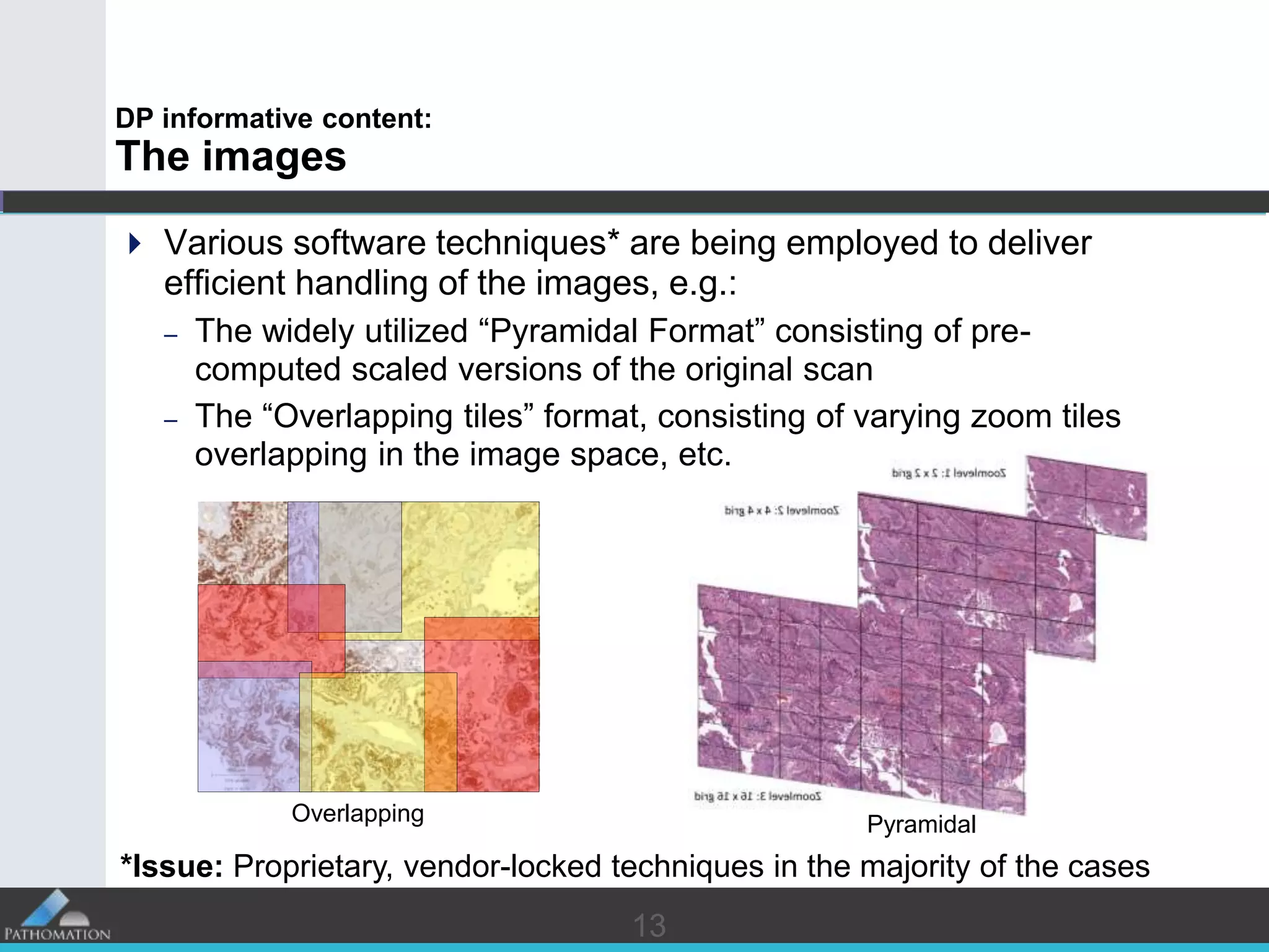 13
Pyramidal
13
DP informative content:
The images
 Various software techniques* are being employed to deliver
efficient handling of the images, e.g.:
– The widely utilized “Pyramidal Format” consisting of pre-
computed scaled versions of the original scan
– The “Overlapping tiles” format, consisting of varying zoom tiles
overlapping in the image space, etc.
*Issue: Proprietary, vendor-locked techniques in the majority of the cases
Overlapping
 