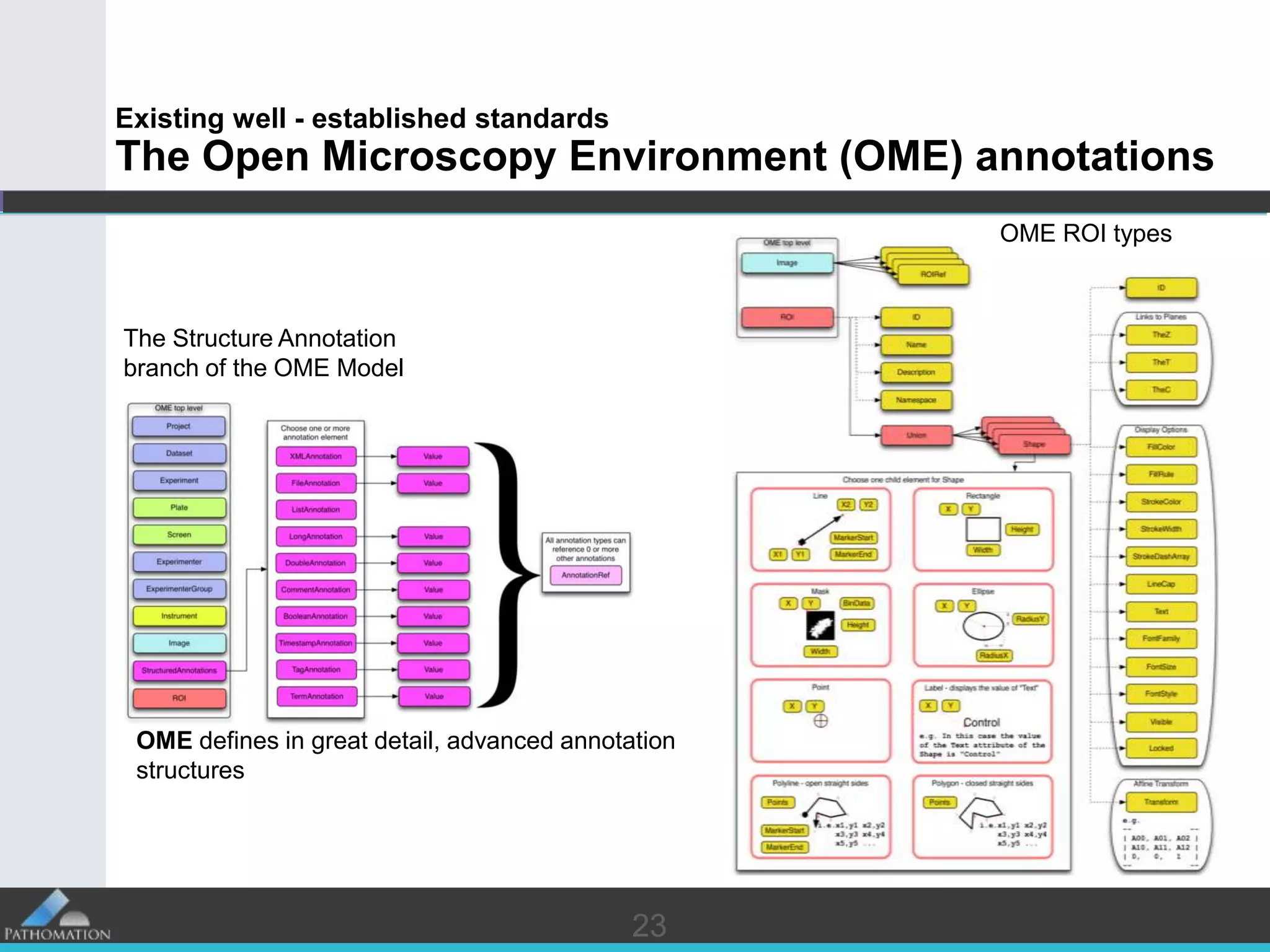 2323
Existing well - established standards
The Open Microscopy Environment (OME) annotations
OME ROI types
The Structure Annotation
branch of the OME Model
OME defines in great detail, advanced annotation
structures
 