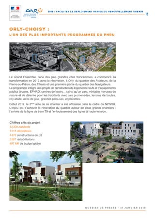 2018 : FACILITER LE DEPLOIEMENT RAPIDE DU RENOUVELLEMENT URBAIN
DOSSIER DE PRESSE - 31 janvier 2018
12
Le Grand Ensemble, l’une des plus grandes cités franciliennes, a commencé sa
transformation en 2012 avec la rénovation, à Orly, du quartier des Aviateurs, de la
Pierre-au-Prêtre, des Tilleuls et une première partie du quartier des Navigateurs.
Le programme intègre des projets de construction de logements neufs et d’équipements
publics (écoles, EPHAD, centres de loisirs…) ainsi qu’un parc, véritable morceau de
nature et de détente pour les habitants avec ses promenades, terrains de boules,
city-stade, aires de jeux, grandes pelouses, et placettes.
Début 2017, le 2ème
acte de ce chantier a été officialisé dans le cadre du NPNRU.
L’enjeu est d’achever la rénovation du quartier autour de deux grands chantiers :
l’arrivée de la ligne de tram T9 et l’enfouissement des lignes à haute tension.
Chiffres clés du projet
13 300 habitants
1 515 démolitions
1 476 constructions de LS
2 867 réhabilitations
497 M€ de budget global
Orly-Choisy :
l’un des plus importants programmes du PNRU
 