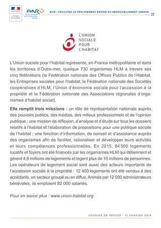 2018 : FACILITER LE DEPLOIEMENT RAPIDE DU RENOUVELLEMENT URBAIN
DOSSIER DE PRESSE - 31 janvier 2018
27
L’Union sociale pour l’habitat représente, en France métropolitaine et dans
les territoires d’Outre-mer, quelque 730 organismes HLM à travers ses
cinq fédérations (la Fédération nationale des Offices Publics de l’Habitat,
les Entreprises sociales pour l’habitat, la Fédération nationale des Sociétés
coopératives d’HLM, l’Union d’économie sociale pour l’accession à la
propriété et la Fédération nationale des Associations régionales d’orga-
nismes d’habitat social).
Elle remplit trois missions : un rôle de représentation nationale auprès
des pouvoirs publics, des médias, des milieux professionnels et de l’opinion
publique ; une mission de réflexion, d’analyse et d’étude sur tous les dossiers
relatifs à l’habitat et l’élaboration de propositions pour une politique sociale
de l’habitat ; une fonction d’information, de conseil et d’assistance auprès
des organismes afin de faciliter, rationaliser et développer leurs activités
et leurs compétences professionnelles. En 2015, 84 500 logements
locatifs et foyers ont été financés par les organismes HLM qui détiennent et
gèrent 4,8 millions de logements et logent plus de 10 millions de personnes.
Les opérateurs de logement social sont aussi des acteurs importants de
l’accession sociale à la propriété : 12 400 logements ont été vendus à des
accédants, en secteur groupé ou en diffus.Animés par 12 000 administrateurs
bénévoles, ils emploient 82 000 salariés.
Pour en savoir plus : www.union-habitat.org
 
