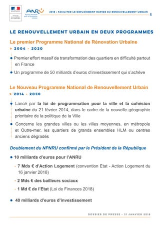 2018 : FACILITER LE DEPLOIEMENT RAPIDE DU RENOUVELLEMENT URBAIN
DOSSIER DE PRESSE - 31 janvier 2018
6
Le premier Programme National de Rénovation Urbaine
> 2004 - 2020
Le Nouveau Programme National de Renouvellement Urbain
> 2014 - 2030
● Lancé par la loi de programmation pour la ville et la cohésion
urbaine du 21 février 2014, dans le cadre de la nouvelle géographie
prioritaire de la politique de la Ville
● Concerne les grandes villes ou les villes moyennes, en métropole
et Outre-mer, les quartiers de grands ensembles HLM ou centres
anciens dégradés
● Premier effort massif de transformation des quartiers en difficulté partout
en France
● Un programme de 50 milliards d’euros d’investissement qui s’achève
Doublement du NPNRU confirmé par le Président de la République
● 10 milliards d’euros pour l’ANRU
- 7 Mds € d’Action Logement (convention Etat - Action Logement du
16 janvier 2018)
- 2 Mds € des bailleurs sociaux
- 1 Md € de l’Etat (Loi de Finances 2018)
● 40 milliards d’euros d’investissement
LE RENOUVELLEMENT URBAIN EN DEUX PROGRAMMES
 