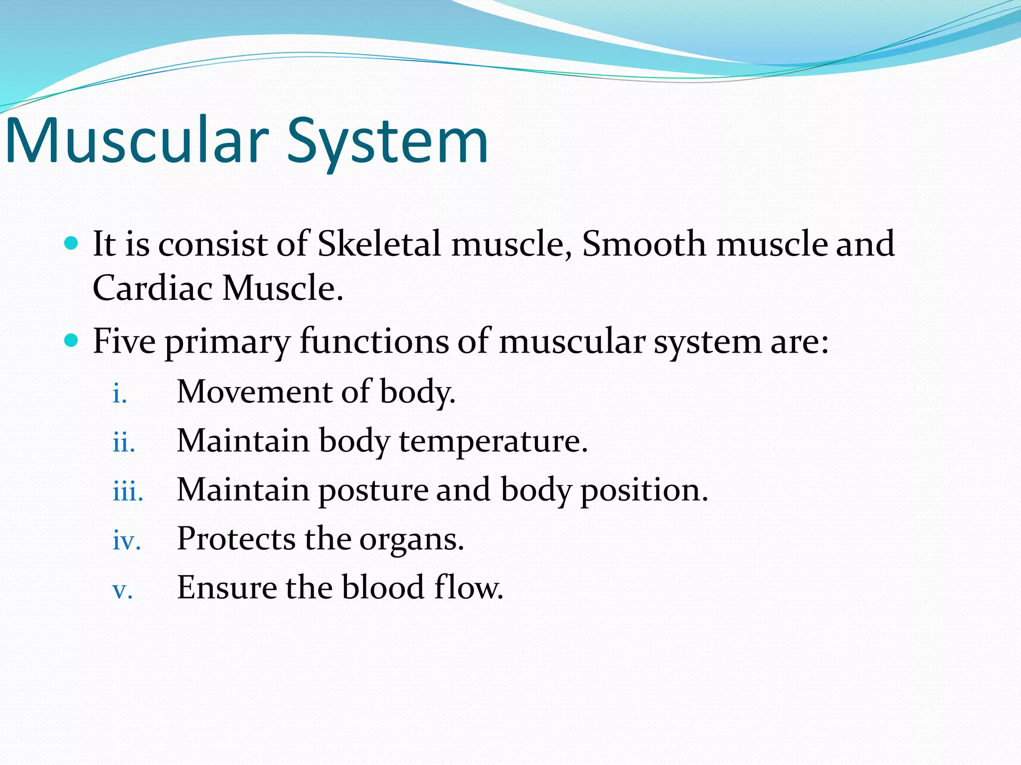Muscular System
 It is consist of Skeletal muscle, Smooth muscle and
Cardiac Muscle.
 Five primary functions of muscular system are:
i. Movement of body.
ii. Maintain body temperature.
iii. Maintain posture and body position.
iv. Protects the organs.
v. Ensure the blood flow.
 