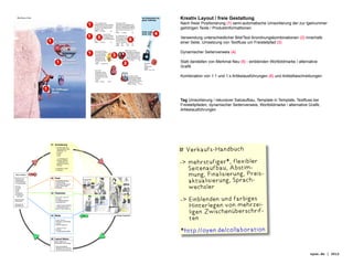 mit Sicherheit ein
guter Aufstieg
                     06 Kreativ Layout / freie Gestaltung
                        Nach freier Positionerung (1) semi-automatische Umsortierung der zur Igelnummer
                        gehörigen Texte / Produktinformattionen
Seile siehe
Seite 320

                        Verwendung unterschiedlicher Bild/Text Anordnungskombinationen (2) innerhalb
                        einer Seite, Umsetzung von Textfluss um Freistellpfad (3)

                        Dynamischer Seitenverweis (4)

                        Statt darstellen von Merkmal Neu (5) - einblenden Wortbildmarke / alternative
                        Grafik

                        Kombination von 1:1 und 1:x Artikelausführungen (6) und Artikelbeschreibungen




                        Tag Umsortierung / rekursiver Satzaufbau, Template in Template, Textfluss bei
                        Freistellpfaden, dynamischer Seitenverweis, Wortbildmarke / alternative Grafik,
                        Artikelausführungen




                       # Verkaufs-Handbuch
                       -  ehrstufiger*, flexibler
                          m
                          Seitenaufbau, Abstim-
                          mung, Finalisierung, Preis-
                          aktualisierung, Sprach-
                          wechsler
                       -  inblenden und farbiges
                          E
                          Hinterlegen von mehrzei-
                          ligen Zwischenüberschrif-
                          ten
                                                                                                          9
                        *http://oyen.de/collaboration


                                                                                                 oyen.de | 2012
 