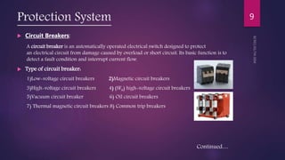 Protection System
 Circuit Breakers:
A circuit breaker is an automatically operated electrical switch designed to protect
an electrical circuit from damage caused by overload or short circuit. Its basic function is to
detect a fault condition and interrupt current flow.
 Type of circuit breaker:
1)Low-voltage circuit breakers 2)Magnetic circuit breakers
3)High-voltage circuit breakers 4) (SF6) high-voltage circuit breakers
5)Vacuum circuit breaker 6) Oil circuit breakers
7) Thermal magnetic circuit breakers 8) Common trip breakers
Continued…
9
 