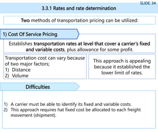 3.3.1 Rates and rate determination
SLIDE: 34
Two methods of transportation pricing can be utilized:
Establishes transportation rates at level that cover a carrier’s fixed
and variable costs, plus allowance for some profit.
1) Cost Of Service Pricing
Transportation cost can vary because
of two major factors;
1) Distance
2) Volume
This approach is appealing
because it established the
lower limit of rates.
1) A carrier must be able to identify its fixed and variable costs.
2) This approach requires hat fixed cost be allocated to each freight
movement (shipment).
Difficulties
 