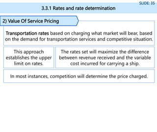 3.3.1 Rates and rate determination
SLIDE: 35
Transportation rates based on charging what market will bear, based
on the demand for transportation services and competitive situation.
2) Value Of Service Pricing
This approach
establishes the upper
limit on rates.
The rates set will maximize the difference
between revenue received and the variable
cost incurred for carrying a ship.
In most instances, competition will determine the price charged.
 