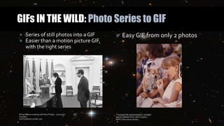 GIFs IN THE WILD: Photo Series to GIF
● Series of still photos into a GIF
● Easier than a motion picture GIF,
with the right series
Richard Nixon meeting with Elvis Presley. 12/21/1970.
Courtesy
OurPresidents.tumblr.com
● Easy GIF from only 2 photos
“YOUNGSTER UNKNOWINGLY SHARES
AN ICE CREAM STICK WITH A DOG…”
(EPA’s Documerica series)
 
