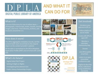 AND WHAT IT
CAN DO FOR
What is it?
A portal of discovery for over 10 million items —
photographs, manuscripts, books, sounds, moving
images, and more—from libraries, archives, and
museums around the U.S.
How does it work?
The DPLA aggregates metadata records, not the
content itself. Each record links to the original
object on the content provider’s website
All the data is normalized to the DPLA Metadata
Application Profile (MAP) and enriched with useful
info
What’s its future?
o Digital Hubs Pilot Project
o Getting it Right on Rights
o Investigating Educational Uses
o Public Library Partnerships Project
Get Involved
o Introduce your
patrons to DP.LA
o Follow @dpla on
social media
o Create with
DPLA’s open API
o Become a
volunteer
Community Rep
o Donate
o Join DPLA public
email lists
o Listen in on open
committee
conference calls
o Digitize & describe
library collections
using established
standards
OREGON
DP.LA
Strategic Plan
2015-2017
Tatiana Bryant
DPLA Community Rep
@BibliotecariaT
Images & content sourced from DPLA +
reps Annie Johnson & Kristen Yarmey
 