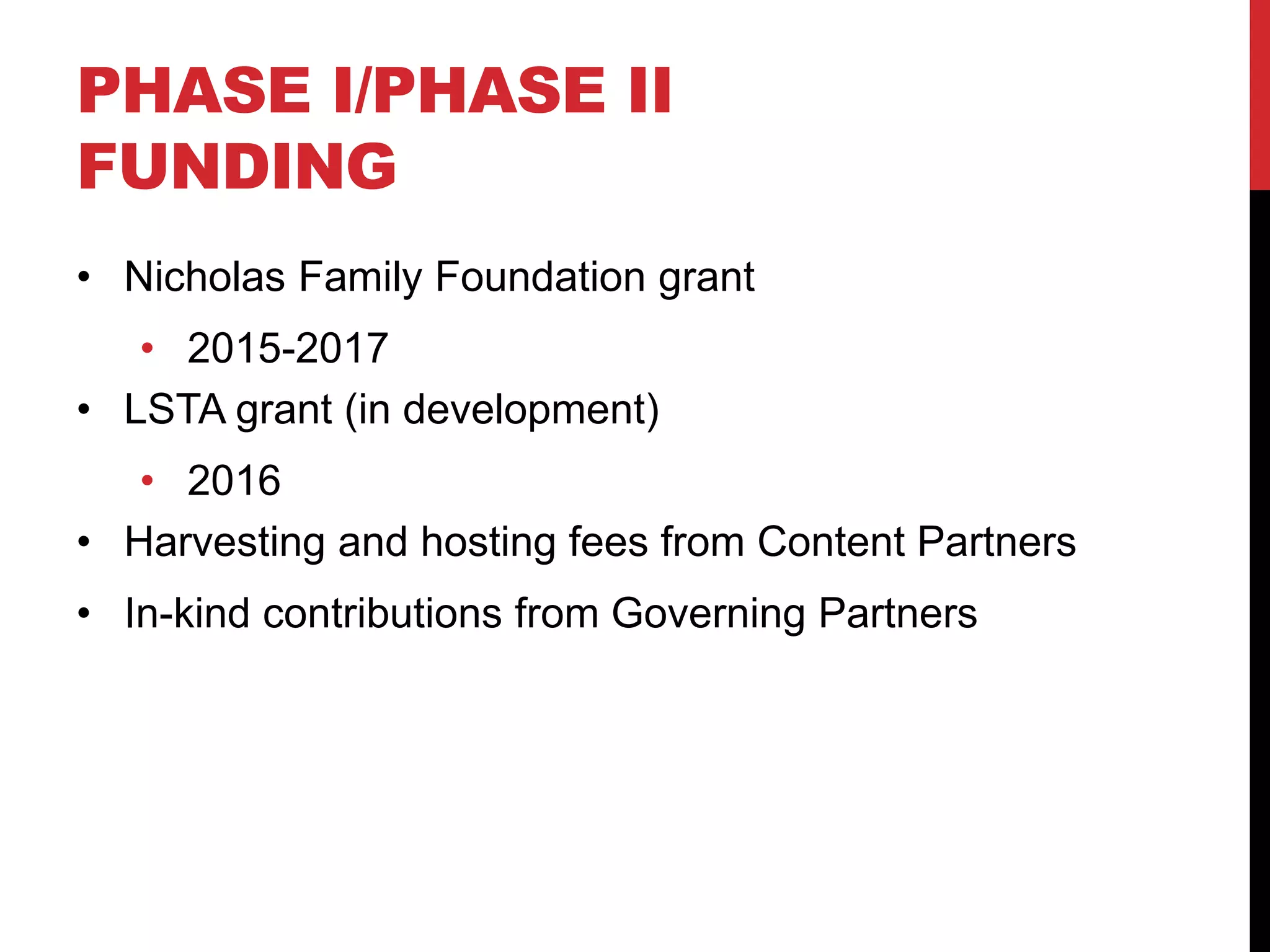 PHASE I/PHASE II
FUNDING
• Nicholas Family Foundation grant
• 2015-2017
• LSTA grant (in development)
• 2016
• Harvesting and hosting fees from Content Partners
• In-kind contributions from Governing Partners
 