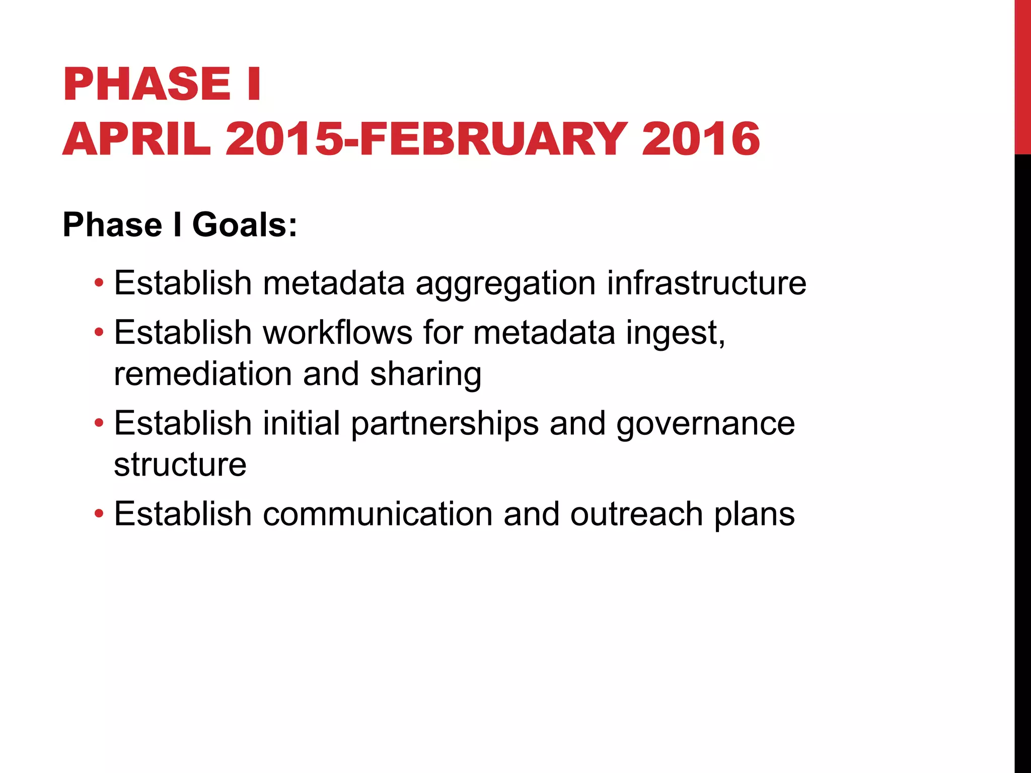 PHASE I
APRIL 2015-FEBRUARY 2016
Phase I Goals:
• Establish metadata aggregation infrastructure
• Establish workflows for metadata ingest,
remediation and sharing
• Establish initial partnerships and governance
structure
• Establish communication and outreach plans
 
